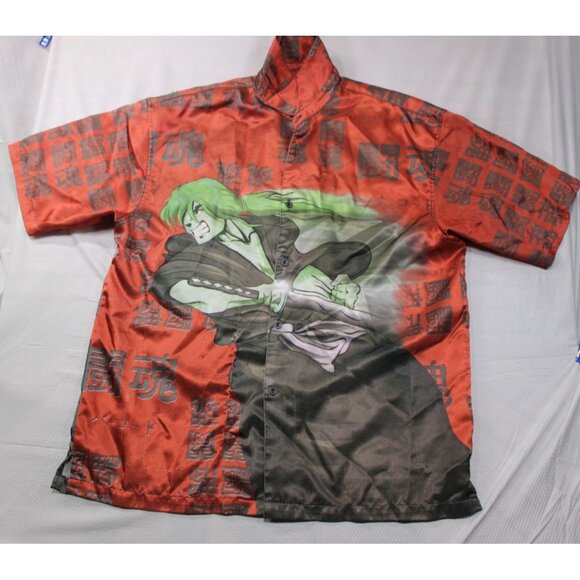 Anime-Themed Samurai Graphic Button-Up Shirt Red & Black Size L By Barcode 100% - Picture 1 of 9